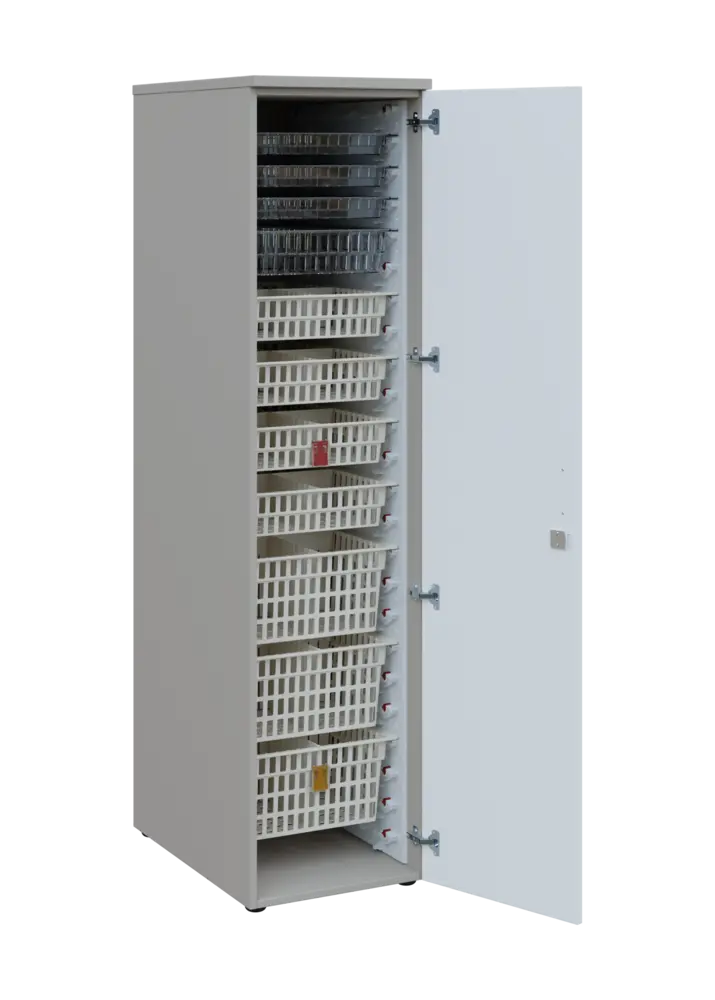 EUROMEDICA D - 46 skříň léková boxová, 1-dveřová, pravá, 1950x460x735, korpus šedý, dvířka bílá